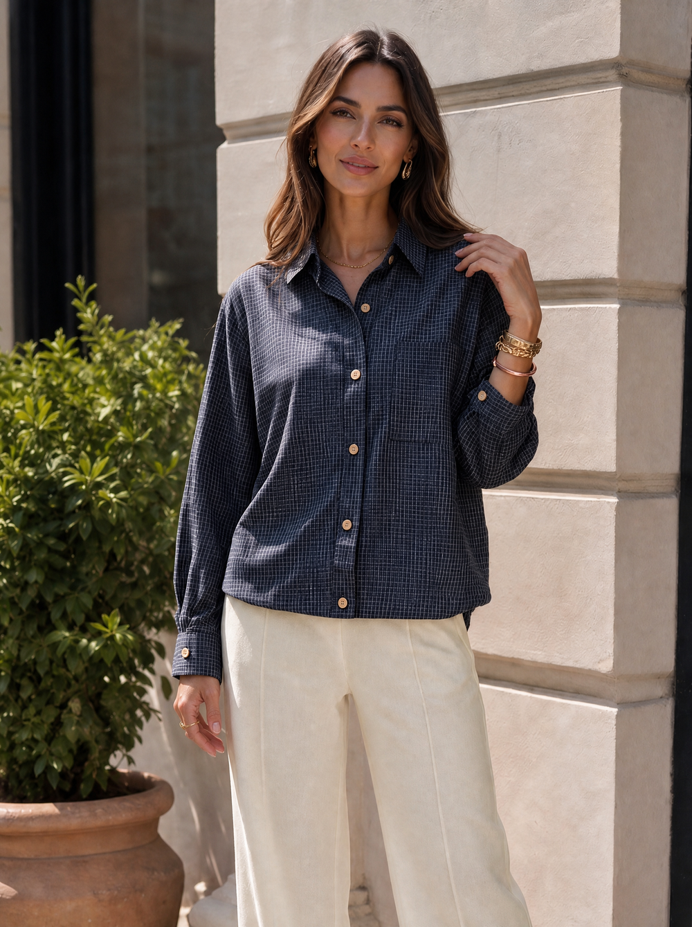 “LAURA” Micro Check Button Through Shirt navy