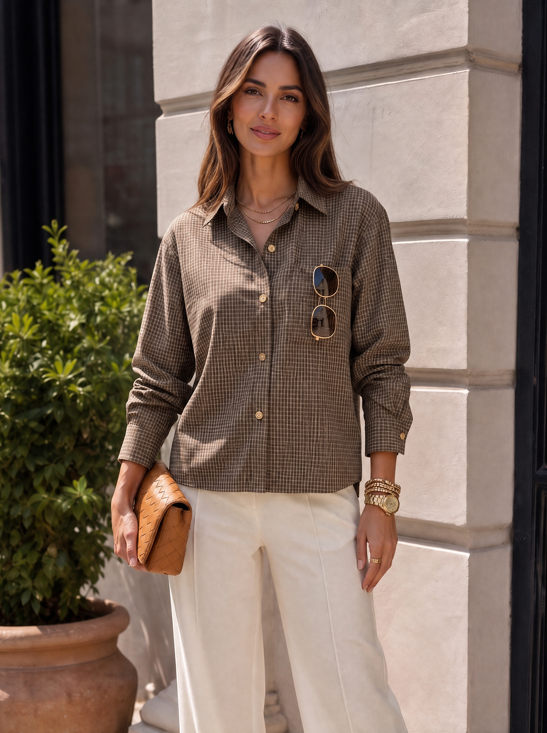 “LAURA” Micro Check Button Through Shirt mocha