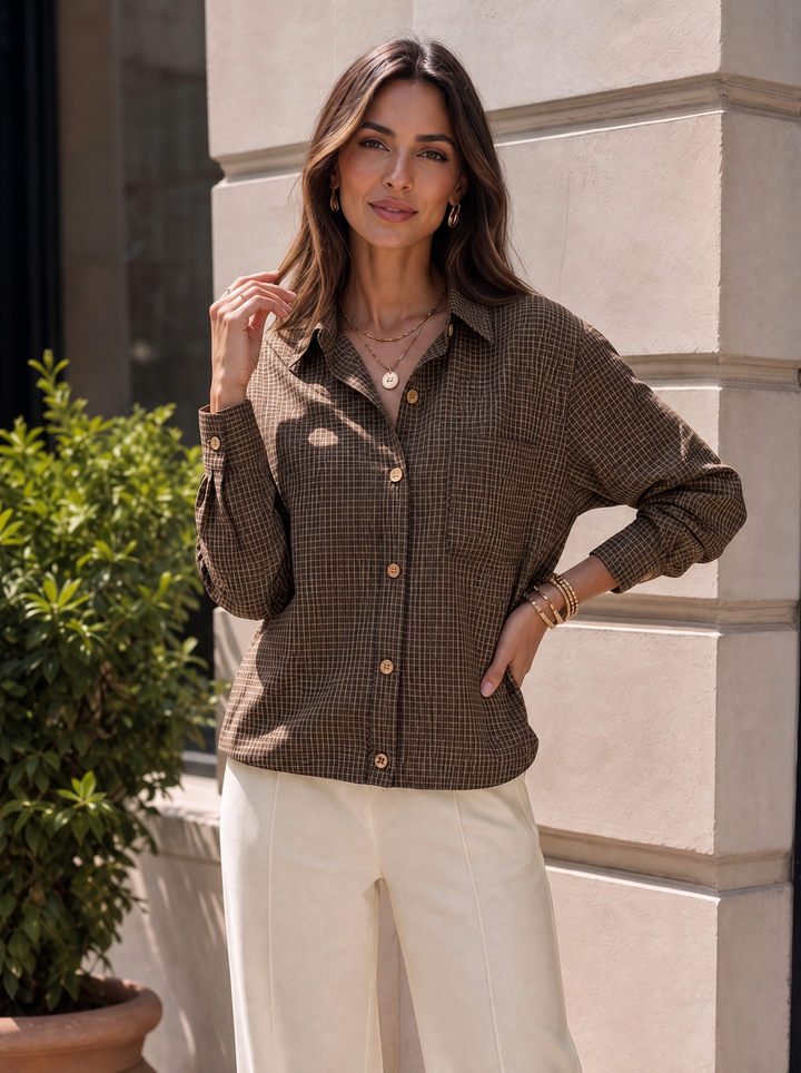 “LAURA” Micro Check Button Through Shirt chocolate brown