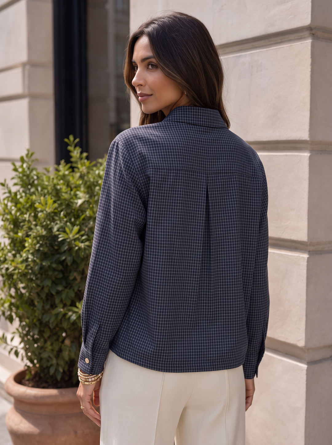 “LAURA” Micro Check Button Through Shirt navy