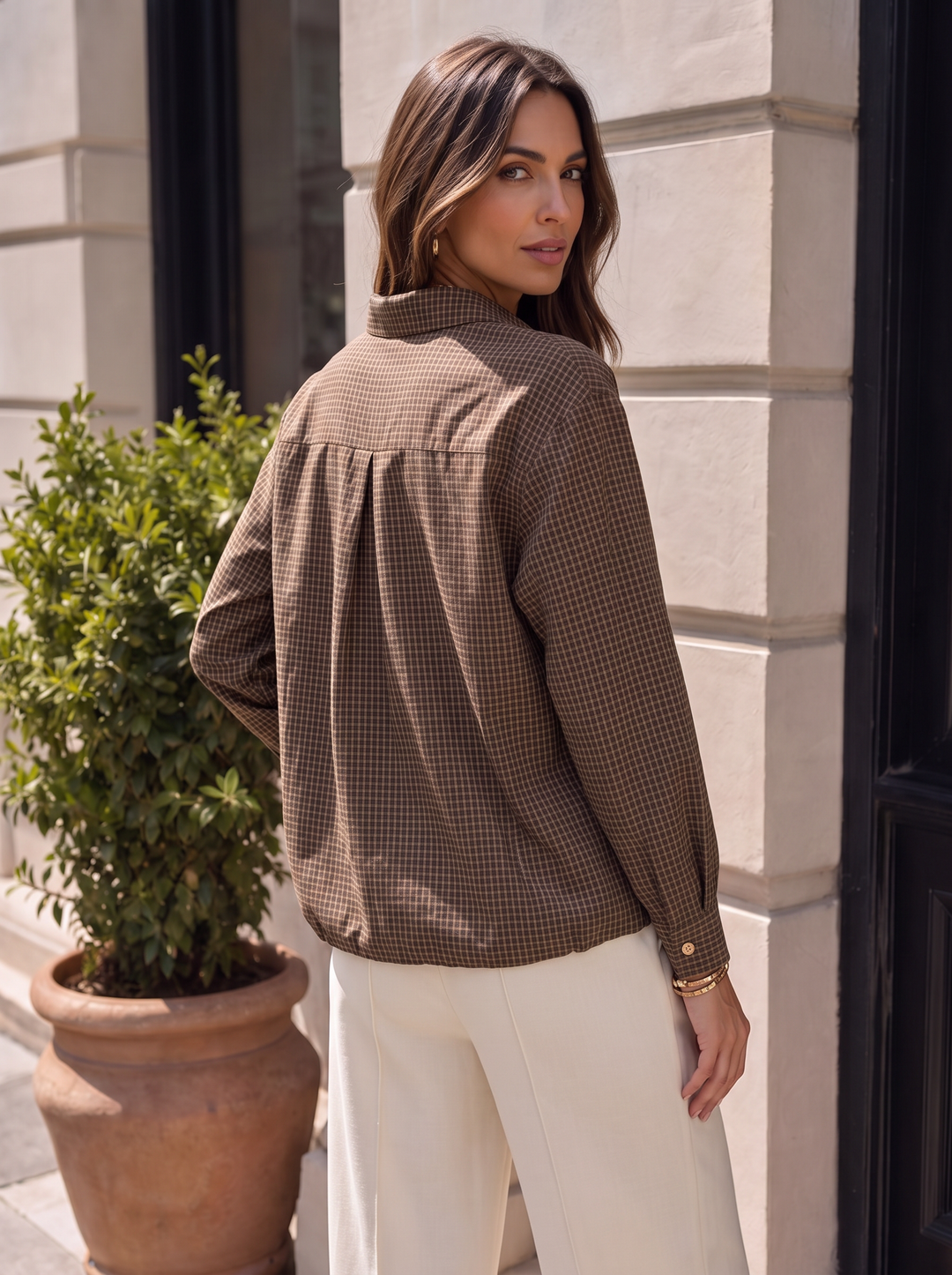 “LAURA” Micro Check Button Through Shirt chocolate brown