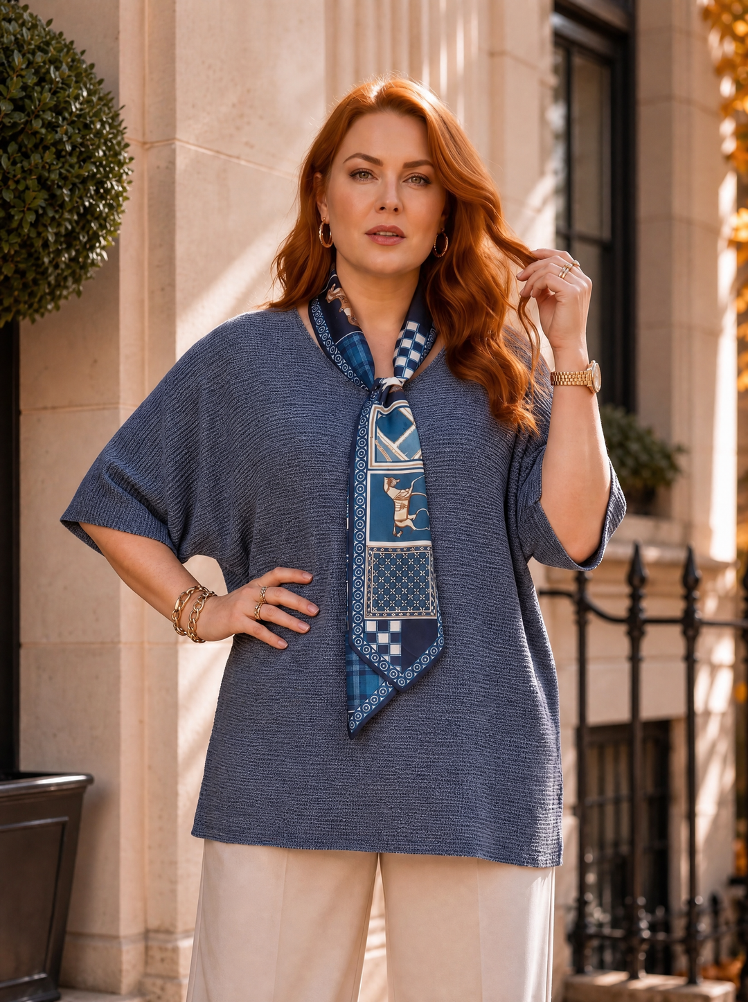“GWEN” Relaxed Fit Fine Knit Top With Scarf blue