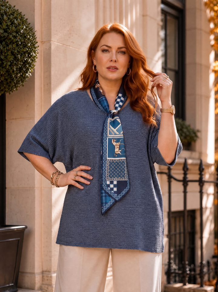 “GWEN” Relaxed Fit Fine Knit Top With Scarf blue