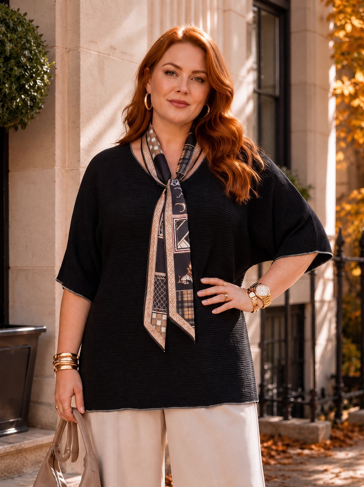 “GWEN” Relaxed Fit Fine Knit Top With Scarf black