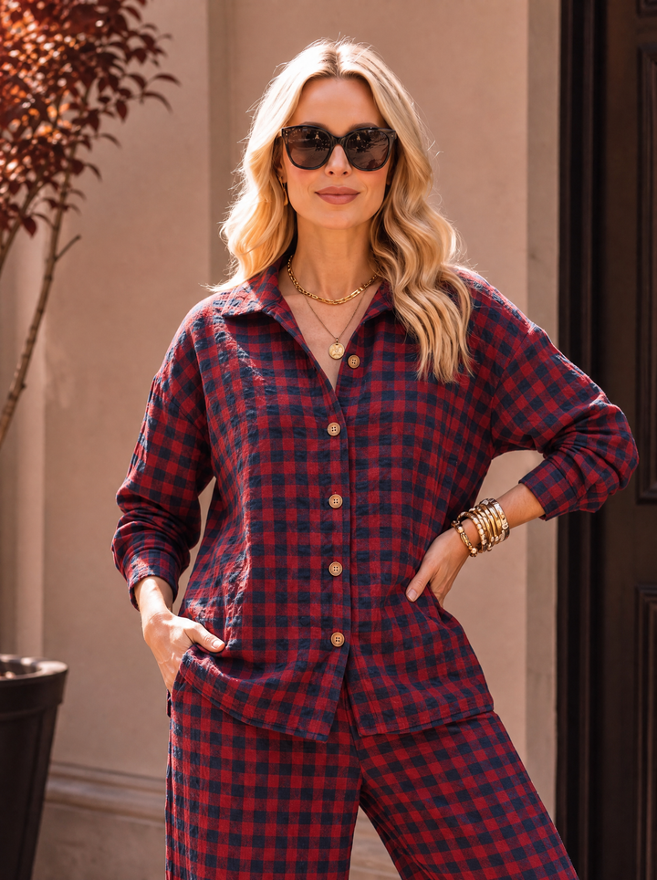 “GINA Collection” Heritage Check Print Shirt burgundy
