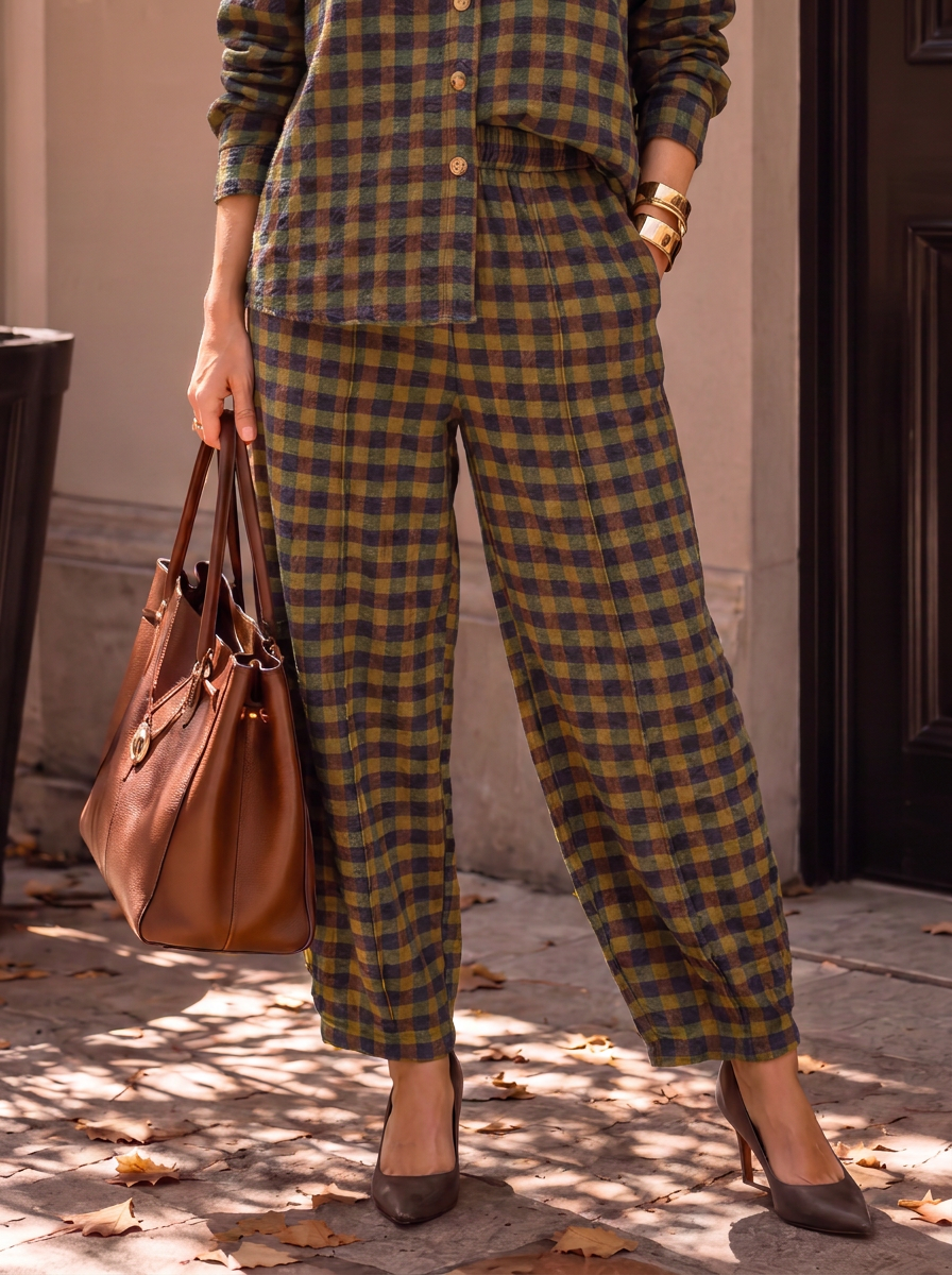 “GINA Collection” Heritage Check Print Trousers khaki green