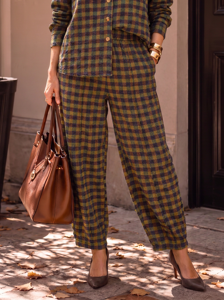 “GINA Collection” Heritage Check Print Trousers khaki green