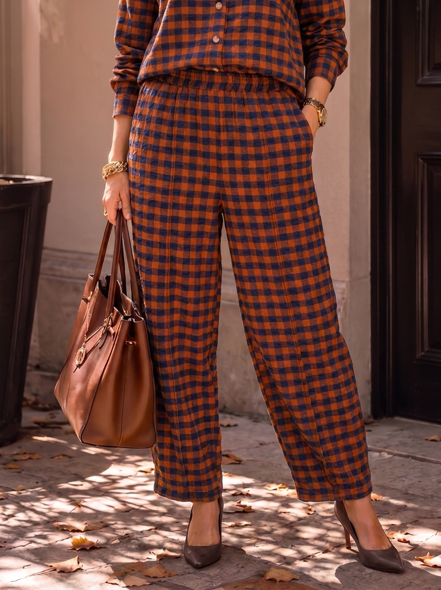 “GINA Collection” Heritage Check Print Trousers khaki green rust orange