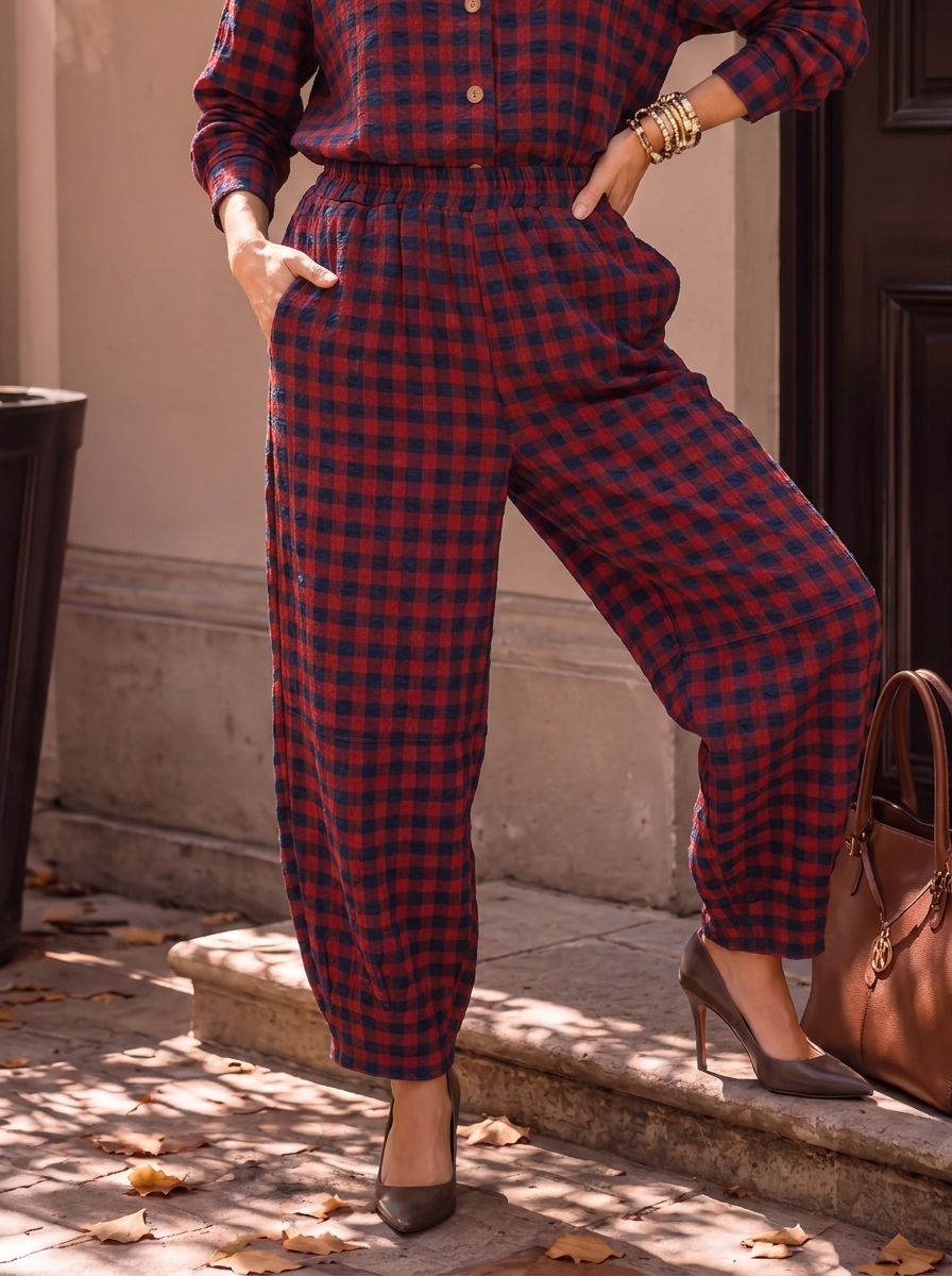 “GINA Collection” Heritage Check Print Trousers burgundy