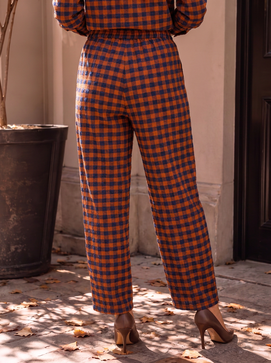 “GINA Collection” Heritage Check Print Trousers khaki green rust orange