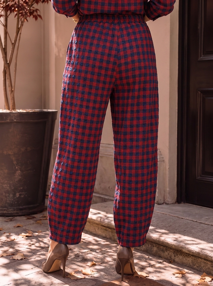 “GINA Collection” Heritage Check Print Trousers burgundy