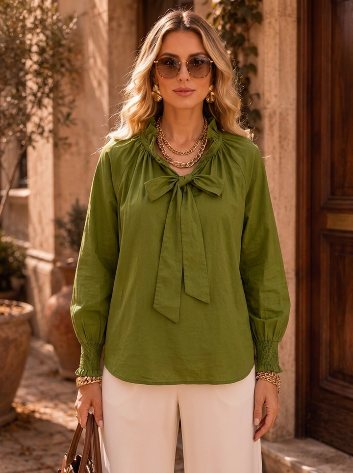 “LILAH” Poets Tie Neck  Blouse green