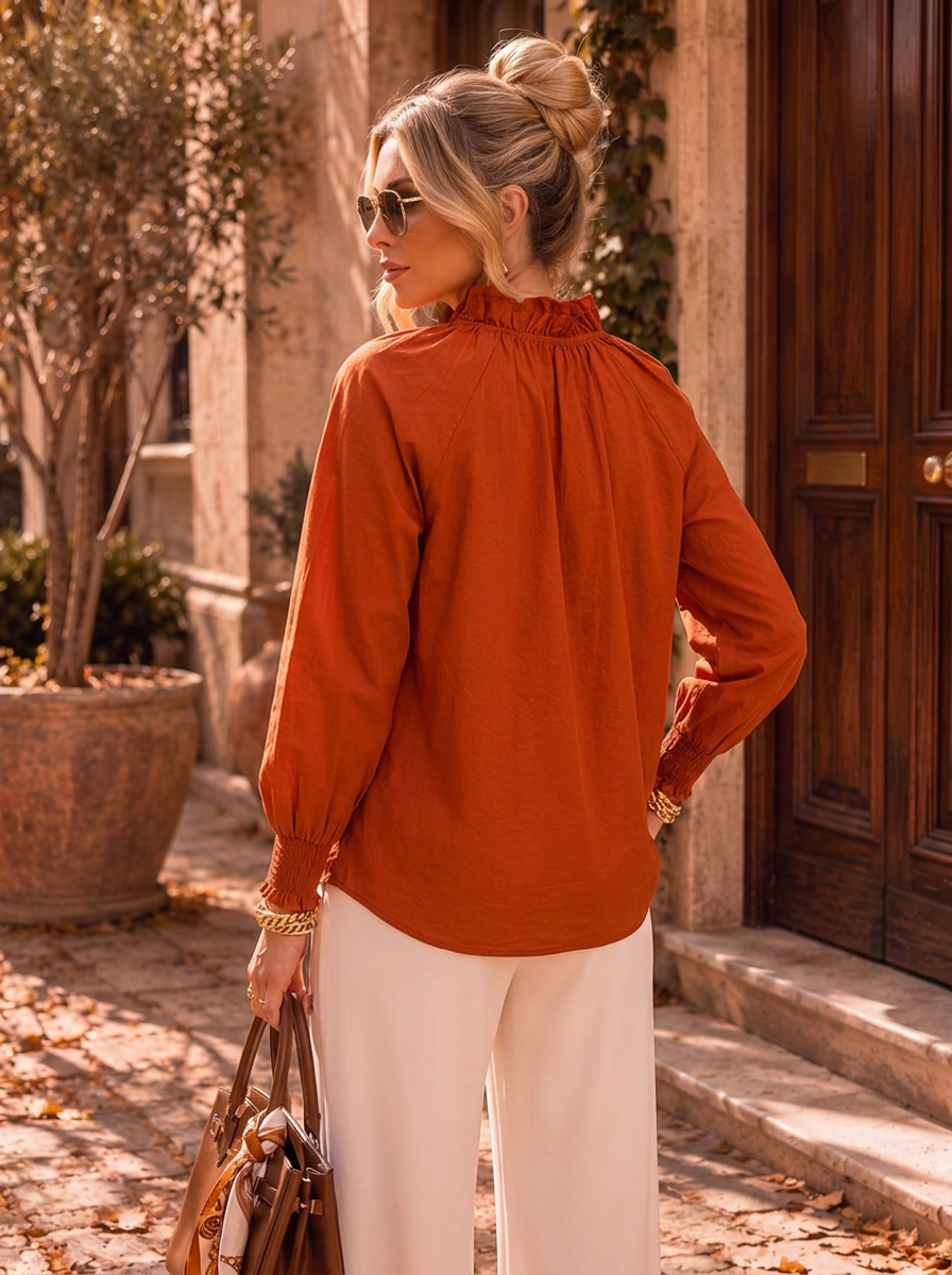 “LILAH” Poets Tie Neck  Blouse rust orange