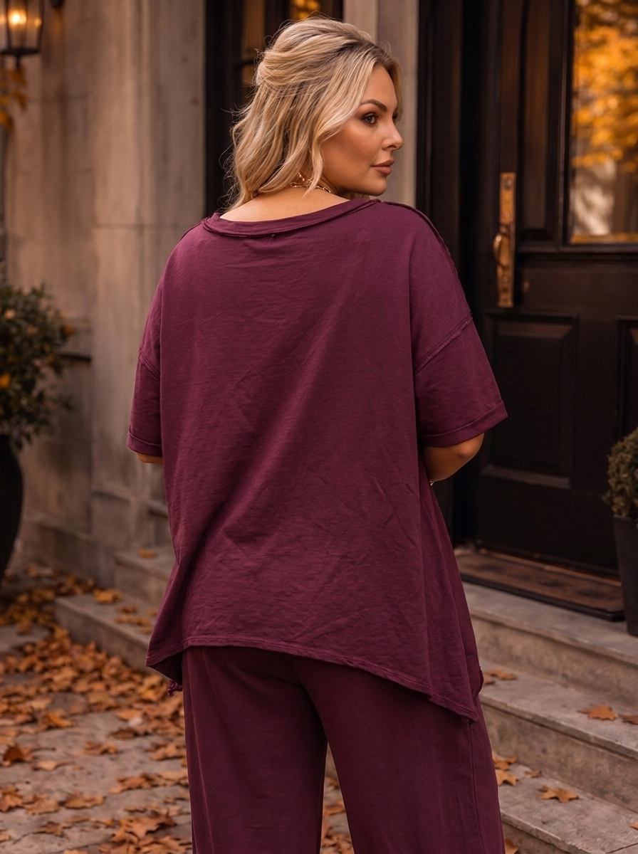 “BETH Collection” V-Neck Oversized Sweat Top burgundy