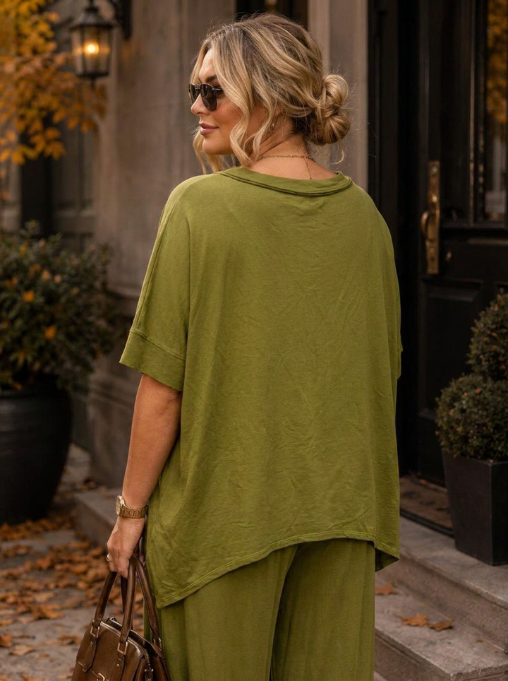 “BETH Collection” V-Neck Oversized Sweat Top lime green