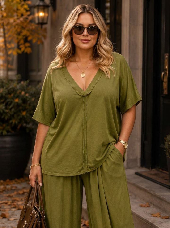 “BETH Collection” V-Neck Oversized Sweat Top lime green
