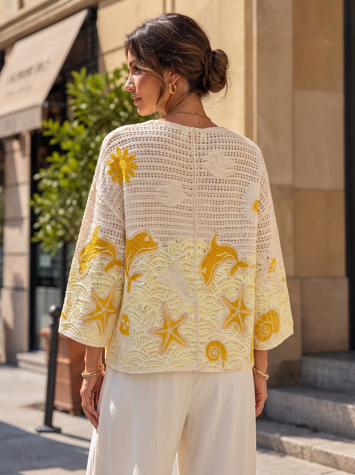 “EMILY” Seaside Emmbriodered Crochet Kimono Ivory lemon