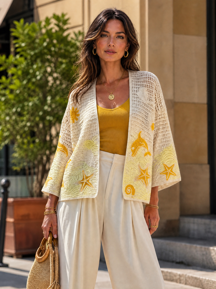 “EMILY” Seaside Emmbriodered Crochet Kimono Ivory lemon