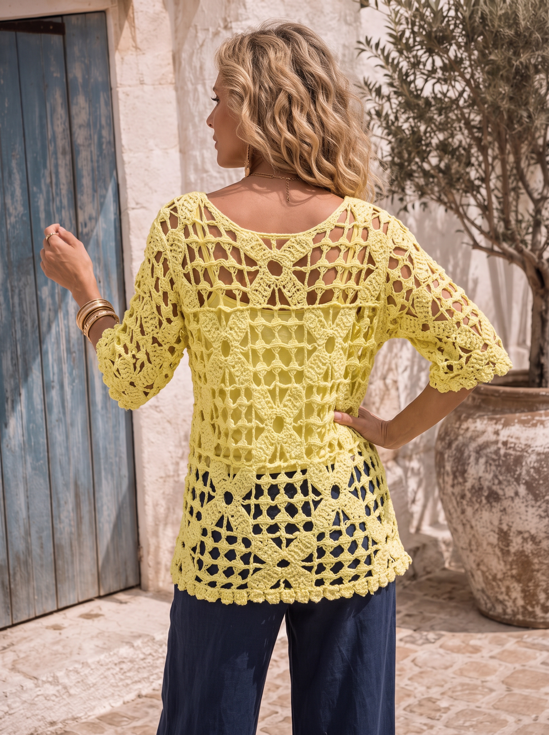 “PALOMA” Crochet Tunic Top With Vest yellow