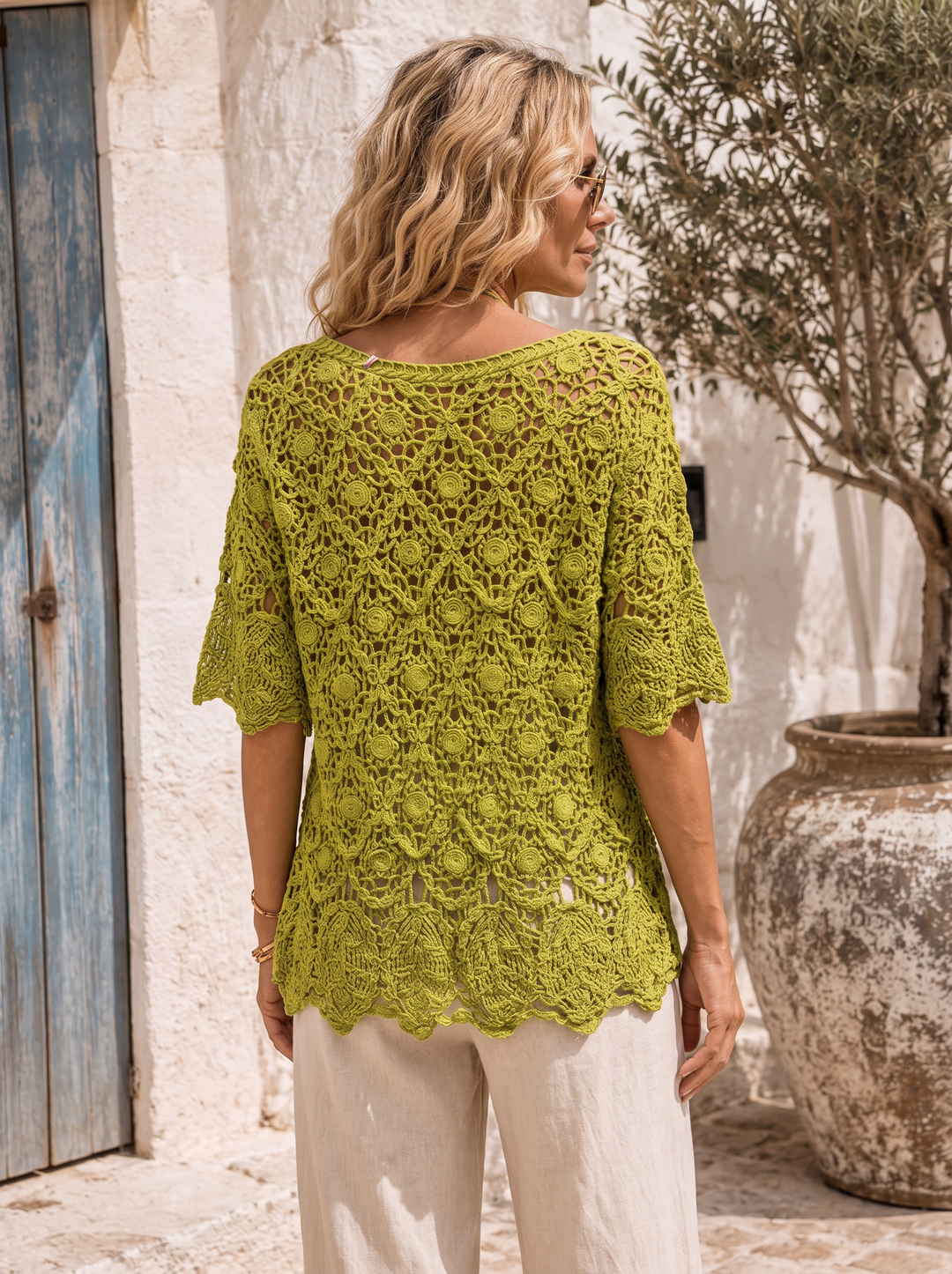 “PALOMA” Crochet Tunic Top With Vest lime green