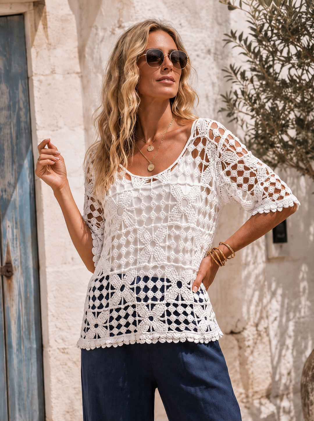 “PALOMA” Crochet Tunic Top With Vest white