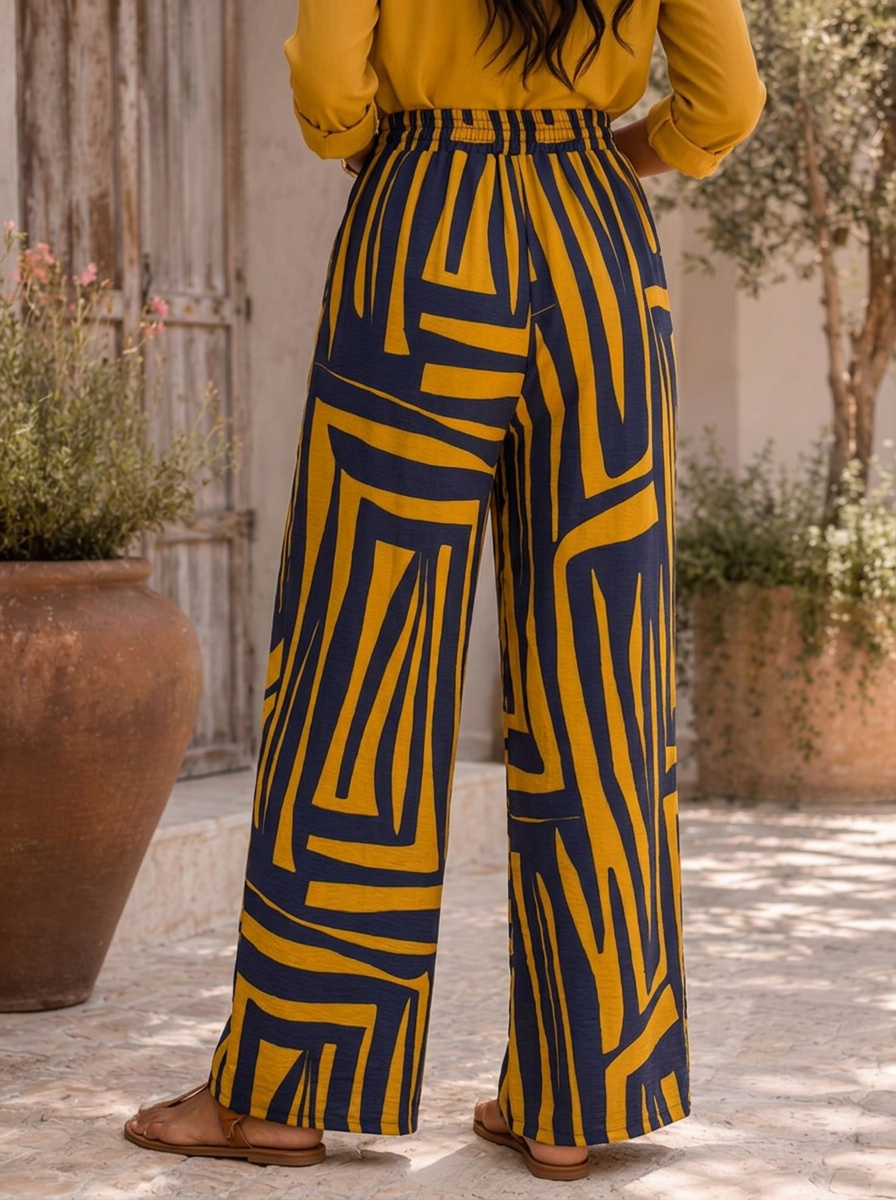 “JACKIE” Geo Print Wide Leg Trousers mustard