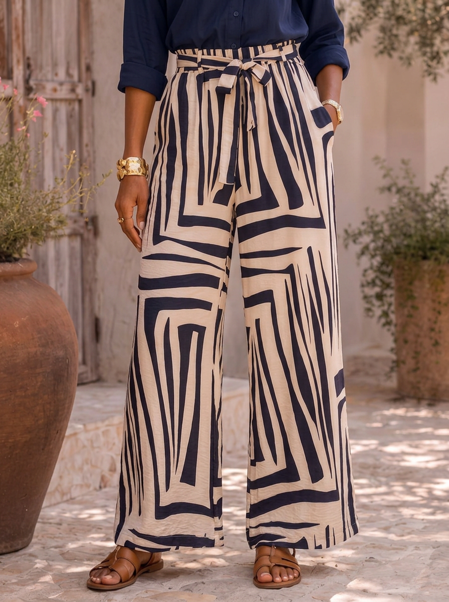 “JACKIE” Geo Print Wide Leg Trousers navy