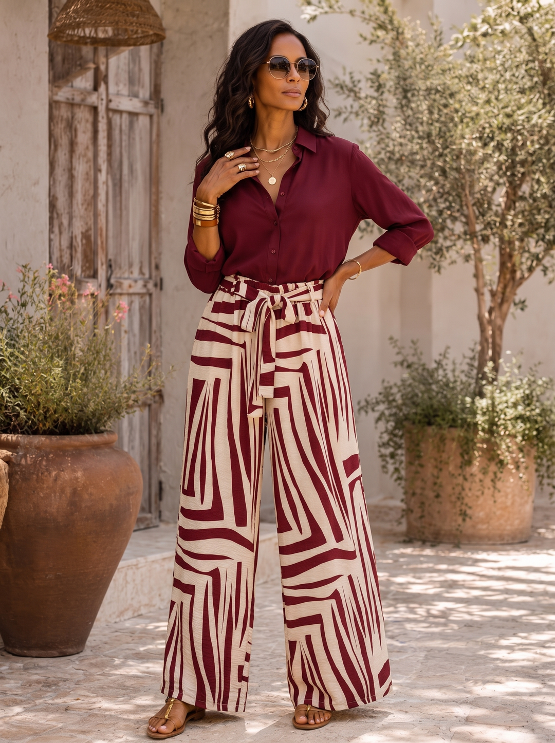 “JACKIE” Geo Print Wide Leg Trousers burgundy