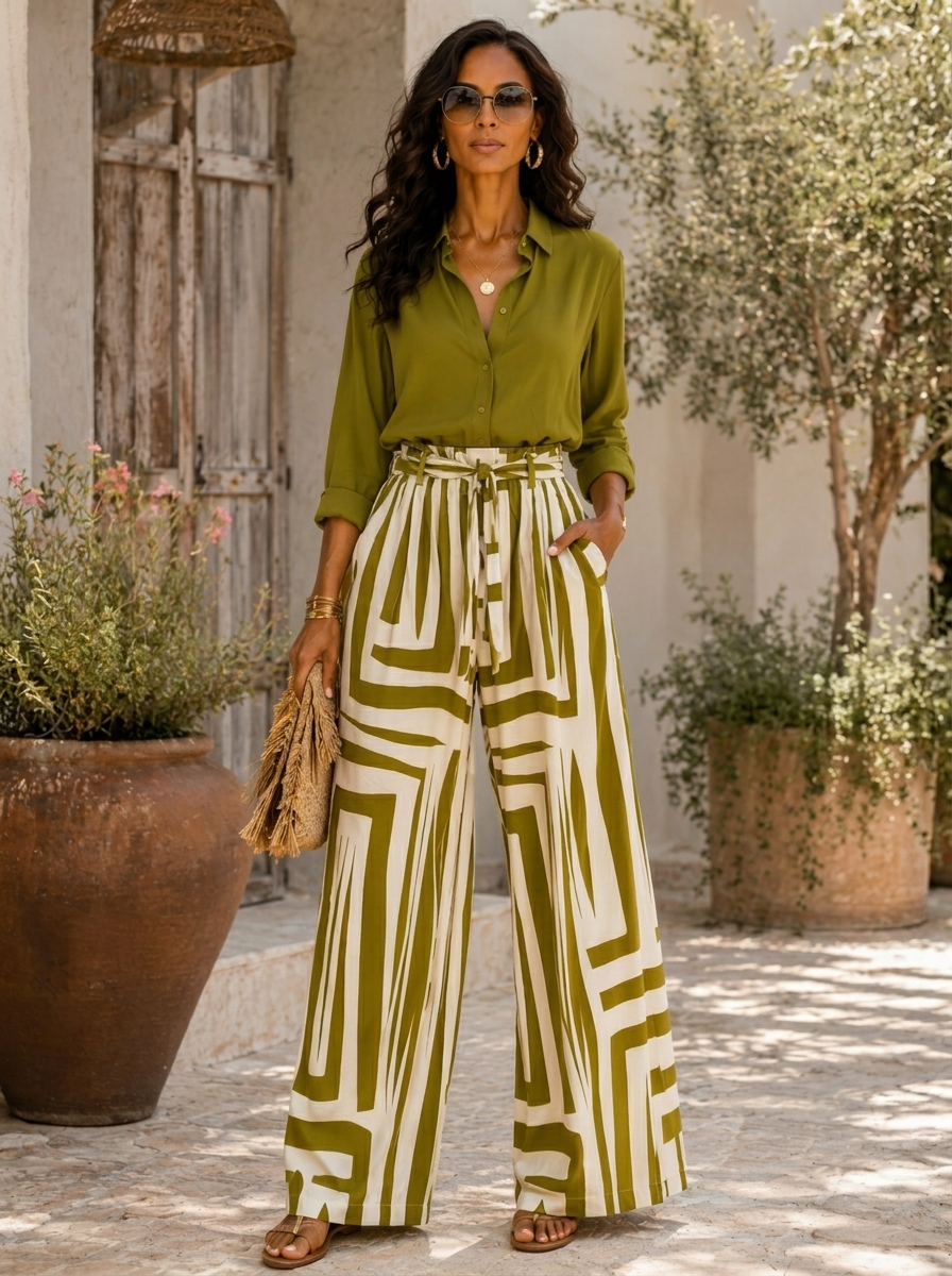 “JACKIE” Geo Print Wide Leg Trousers lime green