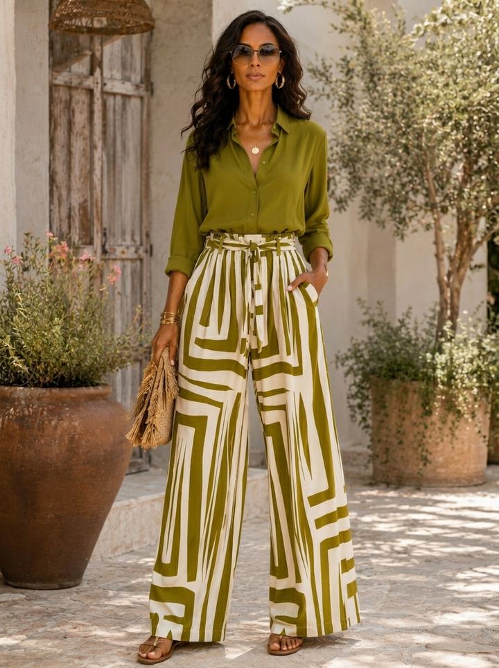 “JACKIE” Geo Print Wide Leg Trousers lime green