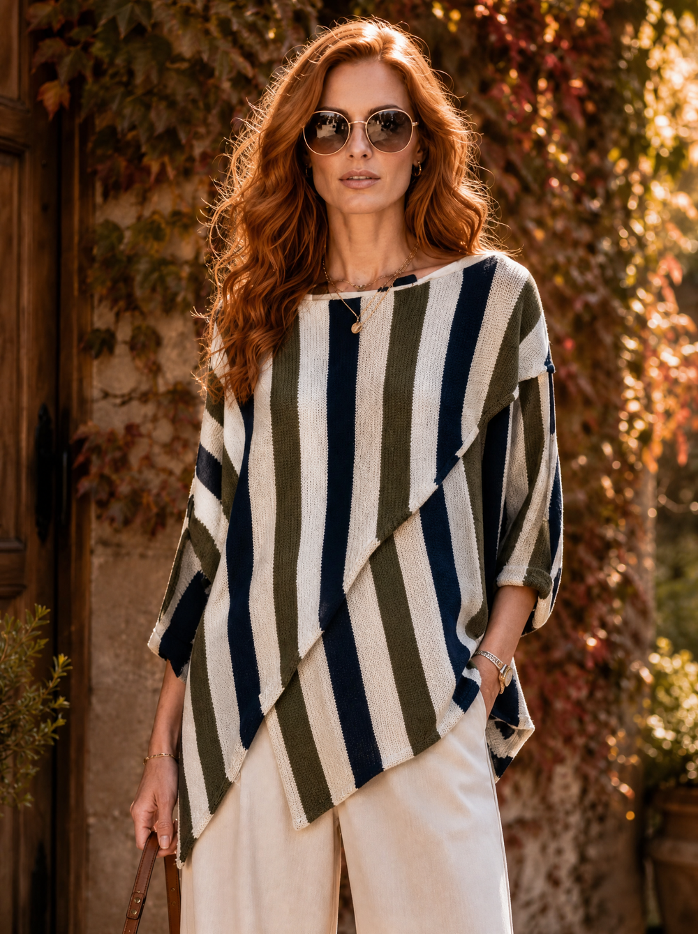 “HOLLY” Asymemetric Stripe Crossover Jumper navy olive