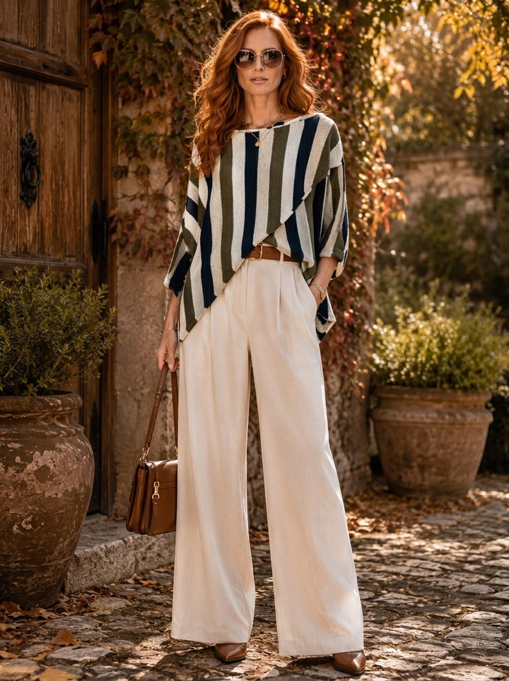 “HOLLY” Asymemetric Stripe Crossover Jumper navy olive