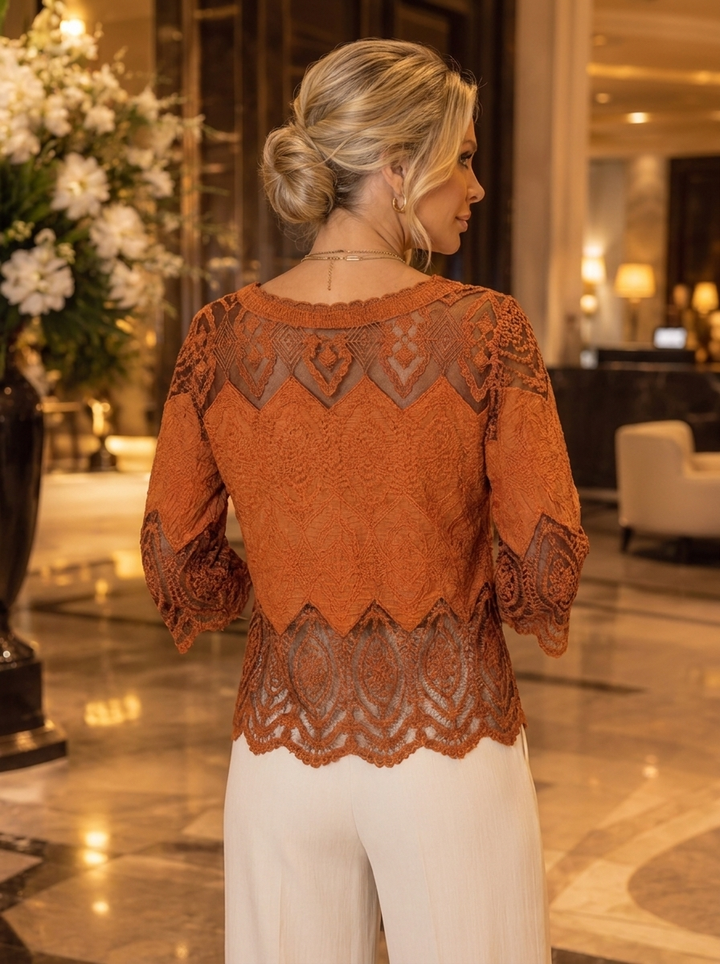 “GEMMA” Lace Button Through Cardigan / Top rust orange