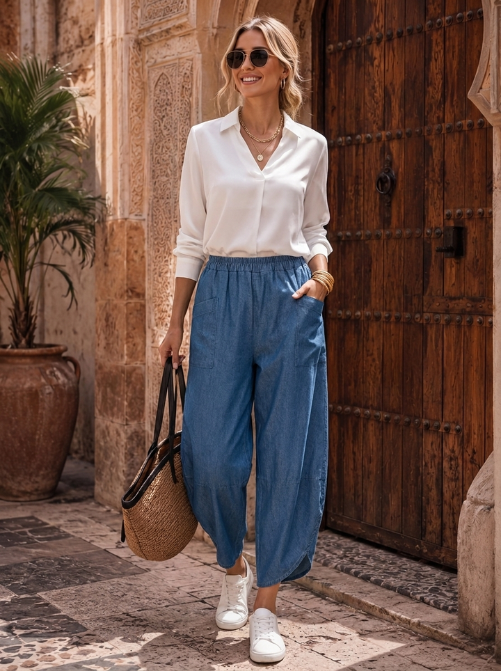 "ERIN” Cotton Barrel Trouser light denim