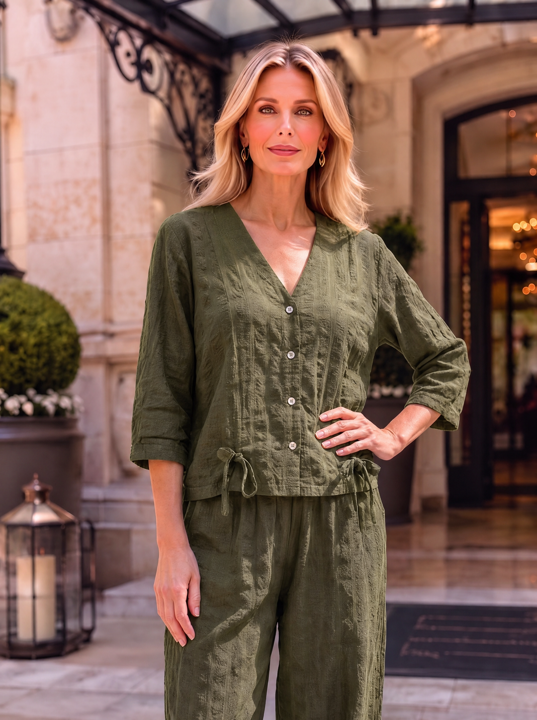 “FLORENTINE Collection” Textured 2-IN-1 Check Blouse/Jacket khaki green