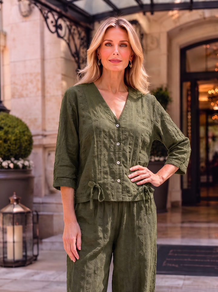 “FLORENTINE Collection” Textured 2-IN-1 Check Blouse/Jacket khaki green