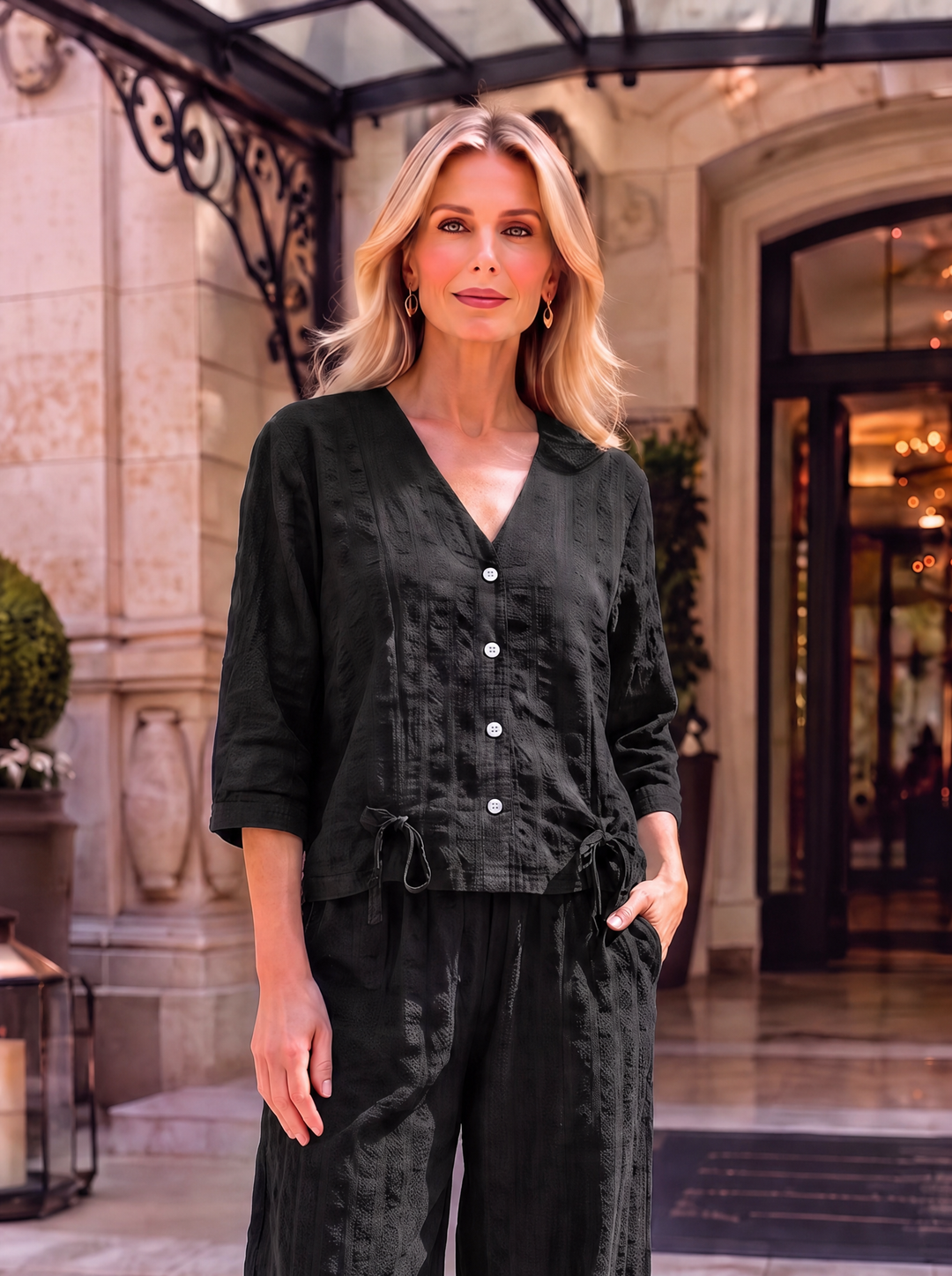“FLORENTINE Collection” Textured 2-IN-1 Check Blouse/Jacket black