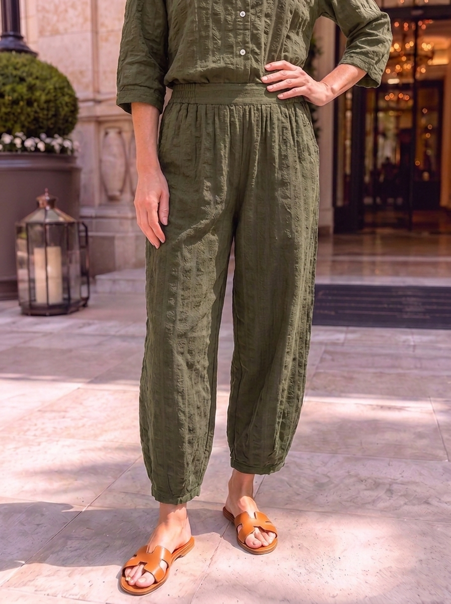 “FLORENTINE Collection” Textured  Check Trousers khaki
