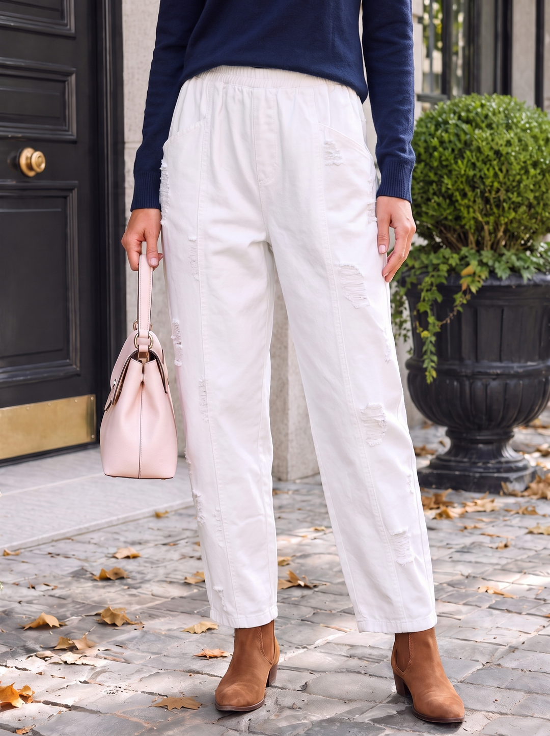 “MILLIE” Italian Distressed Barrel Jeans WHITE