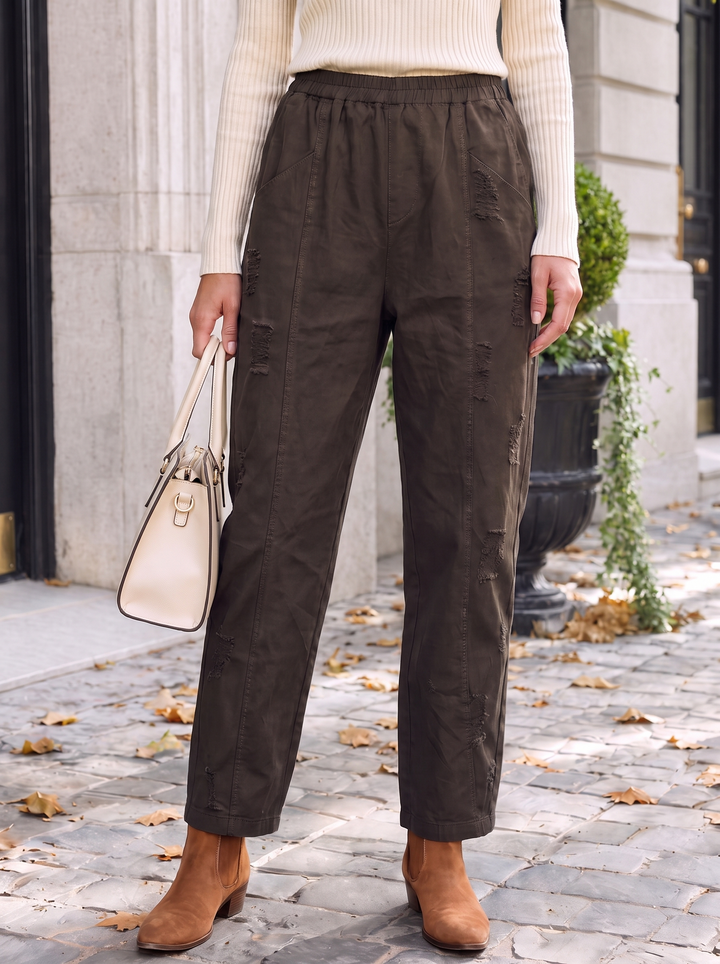 “MILLIE” Italian Distressed Barrel Jeans BROWN