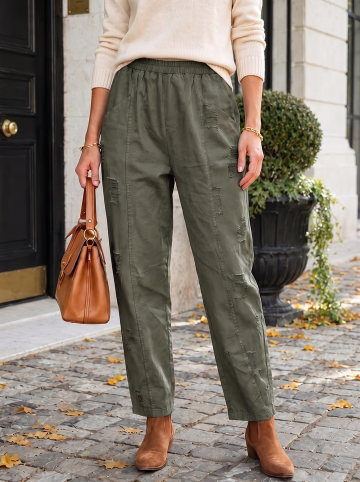 “MILLIE” Italian Distressed Barrel Jeans KHAKI GREEN 