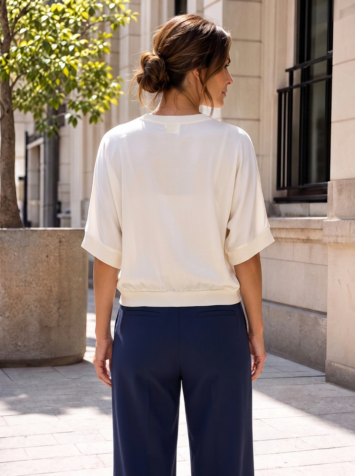 “CARLA” Short Sleeve V-Neck Satin Blouse / Bomber Jacket ivory