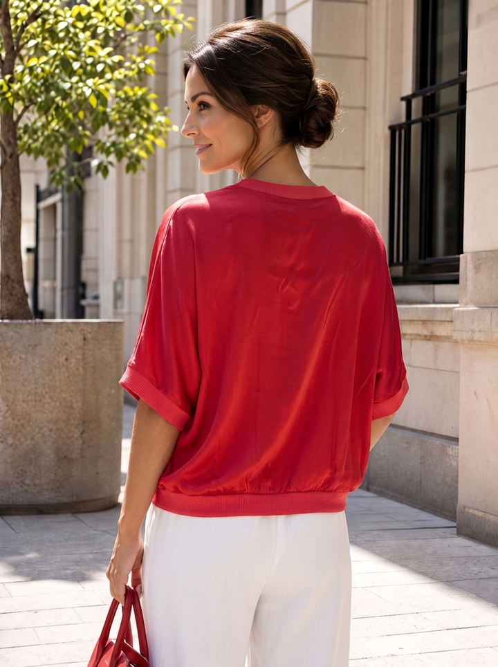 “CARLA” Short Sleeve V-Neck Satin Blouse / Bomber Jacket red