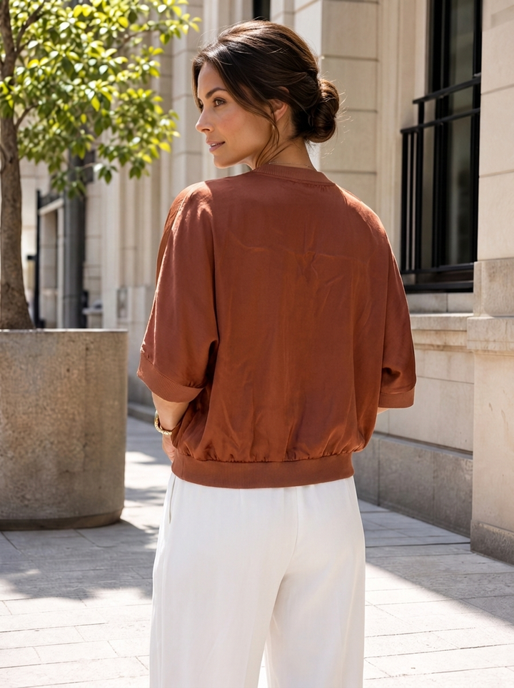 “CARLA” Short Sleeve V-Neck Satin Blouse / Bomber Jacket