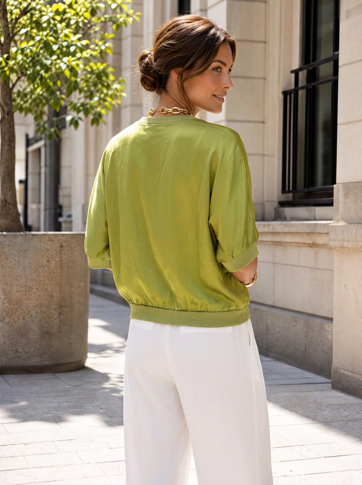 “CARLA” Short Sleeve V-Neck Satin Blouse / Bomber Jacket lime green