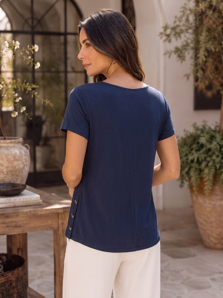 “CIARA” Button Detail Jersey Top navy