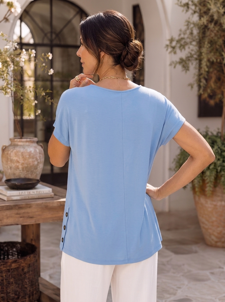 “CIARA” Button Detail Jersey Top corn flower blue