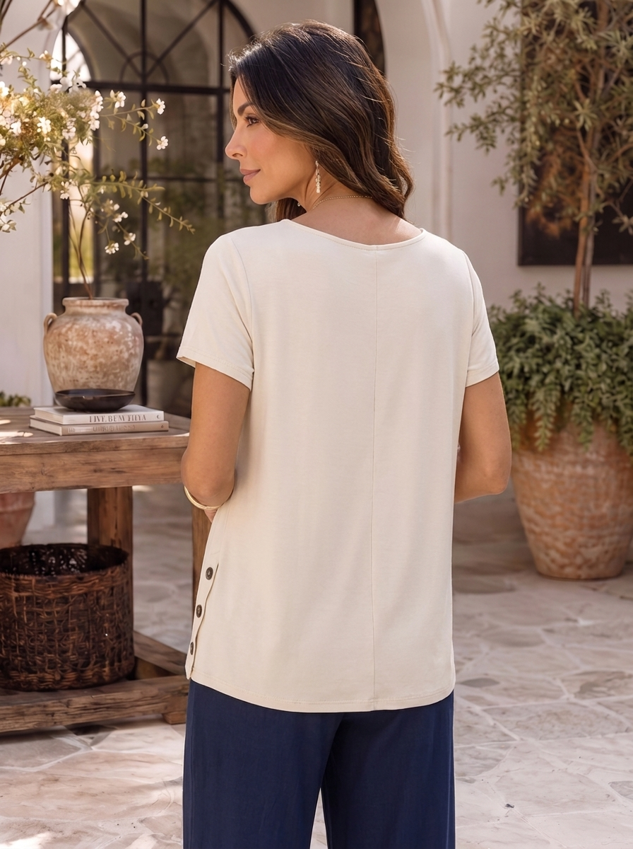 “CIARA” Button Detail Jersey Top cream