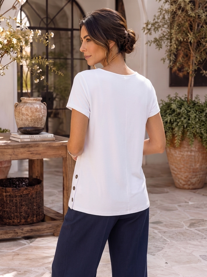 “CIARA” Button Detail Jersey Top white