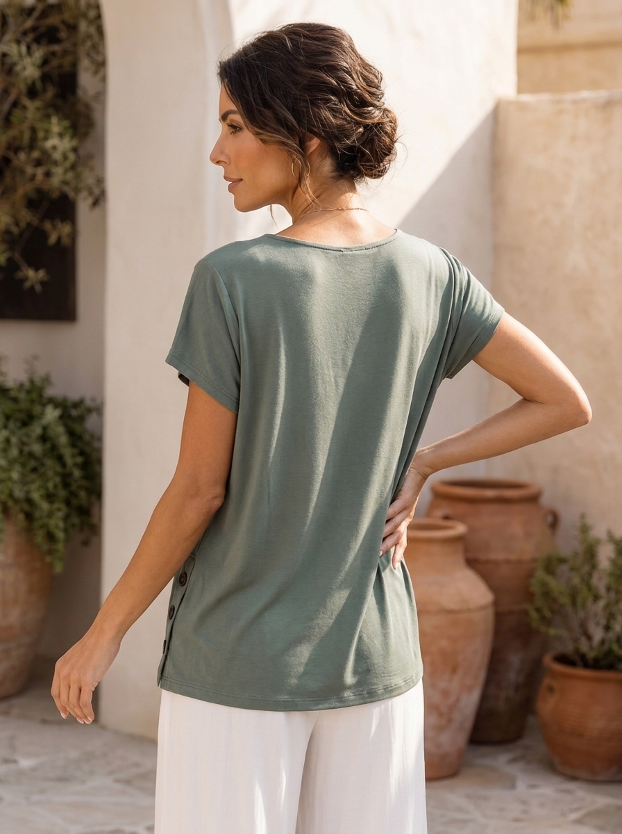 “CIARA” Button Detail Jersey Top khaki green